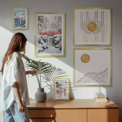 Conjunto de 5 quadros com moldura paisagens com cachoeiras, pontes e temática do Japão
