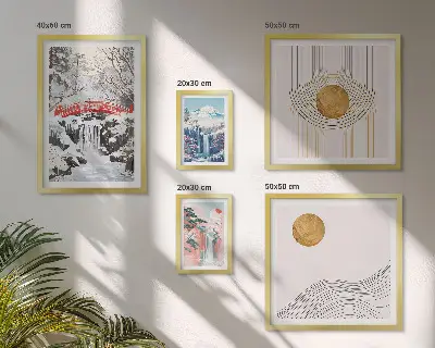 Conjunto de 5 quadros com moldura paisagens com cachoeiras, pontes e temática do Japão
