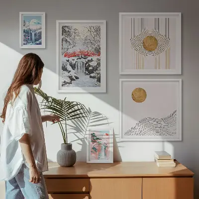 Conjunto de 5 quadros com moldura paisagens com cachoeiras, pontes e temática do Japão