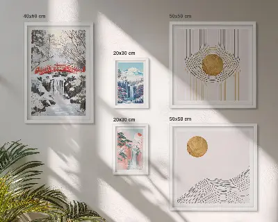 Conjunto de 5 quadros com moldura paisagens com cachoeiras, pontes e temática do Japão