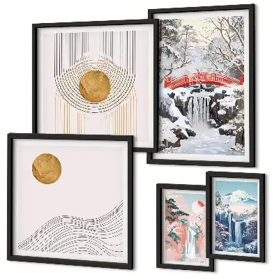 Conjunto de 5 quadros com moldura paisagens com cachoeiras, pontes e temática do Japão