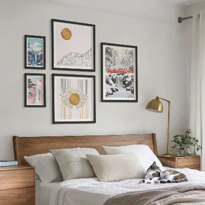 Conjunto de 5 quadros com moldura paisagens com cachoeiras, pontes e temática do Japão