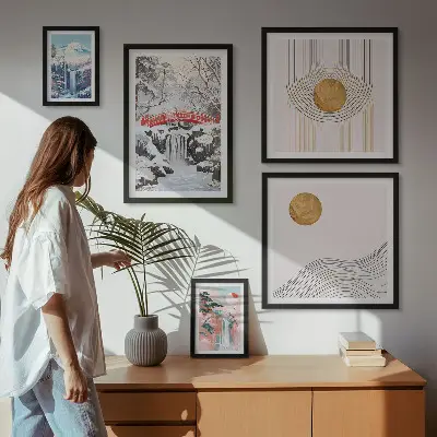 Conjunto de 5 quadros com moldura paisagens com cachoeiras, pontes e temática do Japão