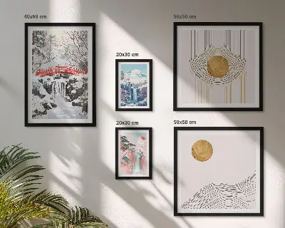 Conjunto de 5 quadros com moldura paisagens com cachoeiras, pontes e temática do Japão