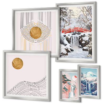 Conjunto de 5 quadros com moldura Paisagens, cachoeiras, pontes, Japão