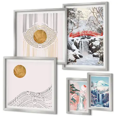 Conjunto de 5 quadros com moldura paisagens com cachoeiras, pontes e temática do Japão