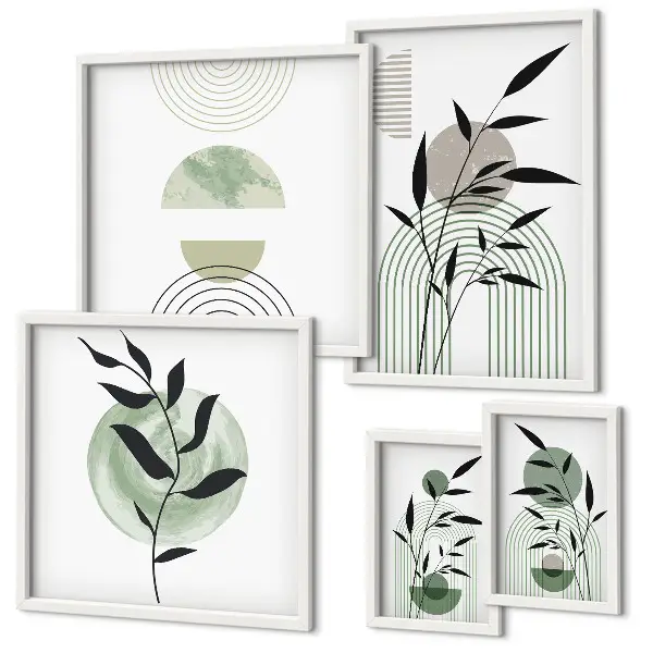 Conjunto de 5 quadros com moldura com estampas de plantas estilizadas
