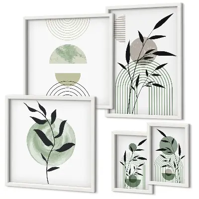 Conjunto de 5 quadros com moldura com estampas de plantas estilizadas