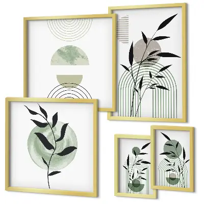 Conjunto de 5 quadros com moldura com estampas de plantas estilizadas