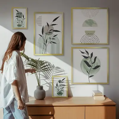 Conjunto de 5 quadros com moldura com estampas de plantas estilizadas