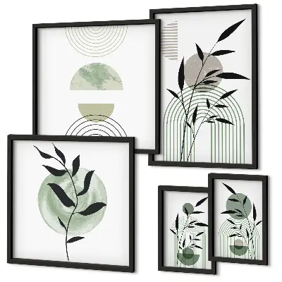 Conjunto de 5 quadros com moldura com estampas de plantas estilizadas