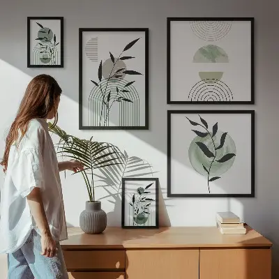 Conjunto de 5 quadros com moldura com estampas de plantas estilizadas
