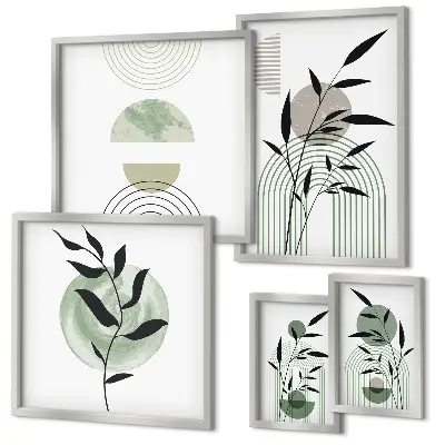 Conjunto de 5 quadros com moldura com estampas de plantas estilizadas