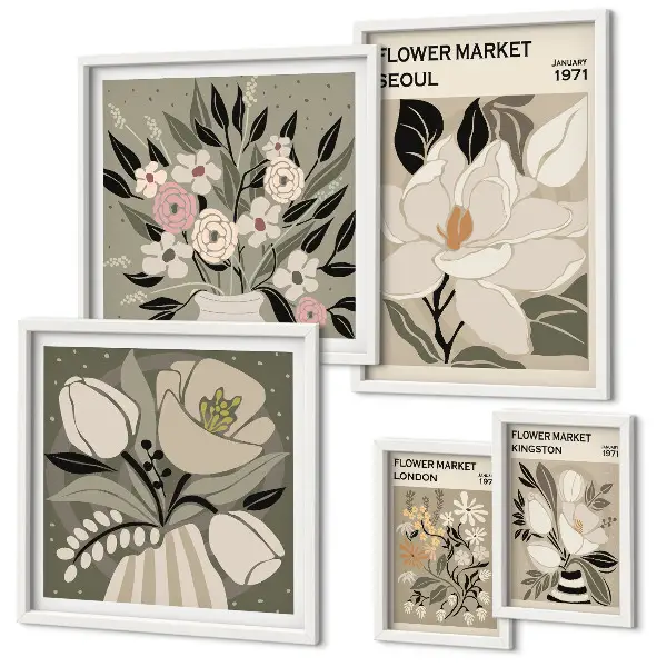 Conjunto de 5 quadros decorativos com estampas florais de Londres e Seul