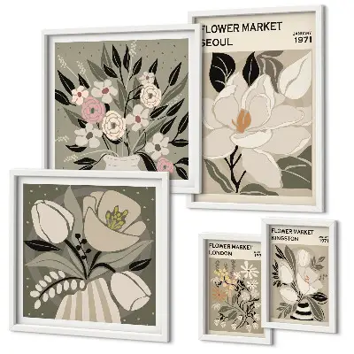 Conjunto de 5 quadros decorativos com estampas florais de Londres e Seul