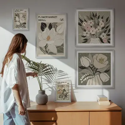 Conjunto de 5 quadros decorativos com estampas florais de Londres e Seul
