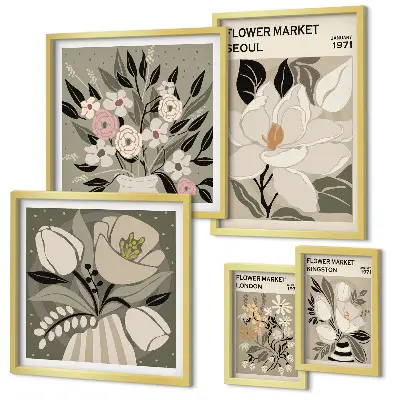 Conjunto de 5 quadros decorativos com estampas florais de Londres e Seul