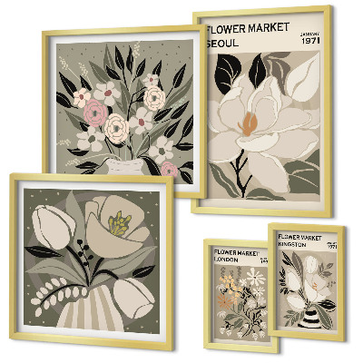 Conjunto de 5 quadros decorativos Estampas florais de Londres e Seul