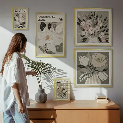 Conjunto de 5 quadros decorativos com estampas florais de Londres e Seul