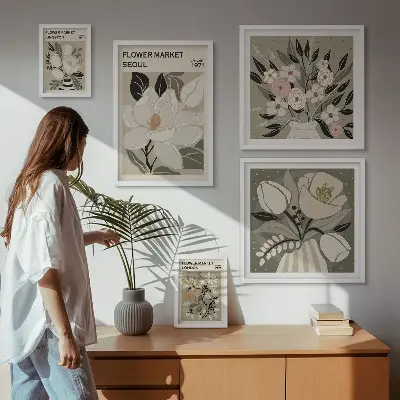 Conjunto de 5 quadros decorativos com estampas florais de Londres e Seul