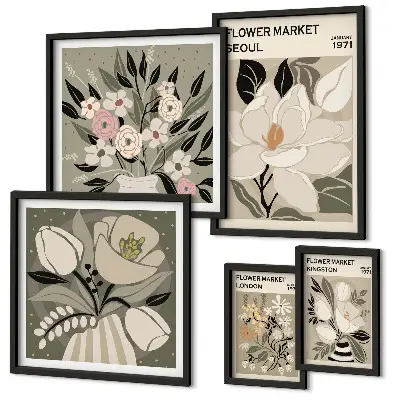 Conjunto de 5 quadros decorativos com estampas florais de Londres e Seul
