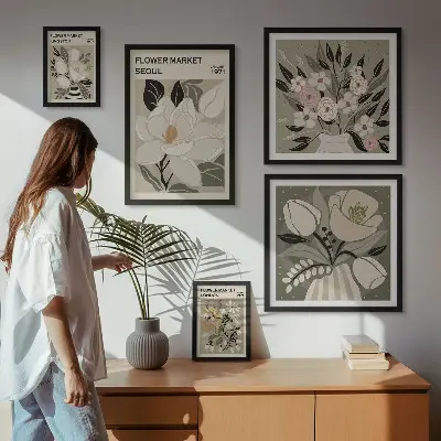 Conjunto de 5 quadros decorativos com estampas florais de Londres e Seul