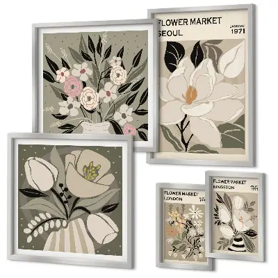 Conjunto de 5 quadros decorativos com estampas florais de Londres e Seul