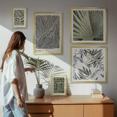 Galeria de parede com padrões minimalistas de plantas