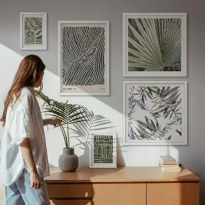 Galeria de parede com padrões minimalistas de plantas