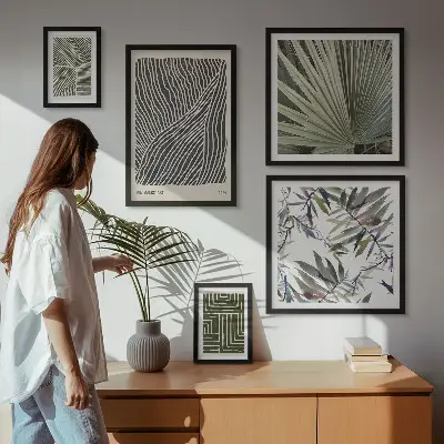 Galeria de parede com padrões minimalistas de plantas