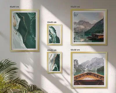 Conjunto de 5 quadros decorativos com paisagens de montanhas, água e natureza verde