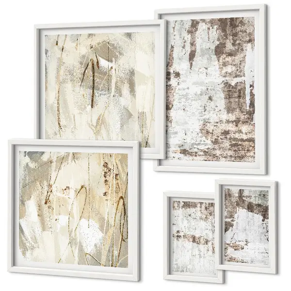 Conjunto de 5 quadros com moldura com composições abstratas neutras