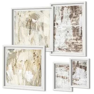 Conjunto de 5 quadros com moldura com composições abstratas neutras