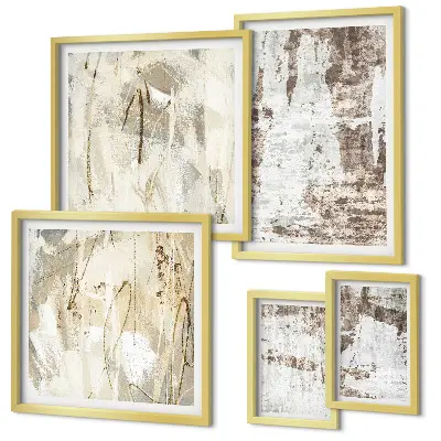Conjunto de 5 quadros com moldura com composições abstratas neutras