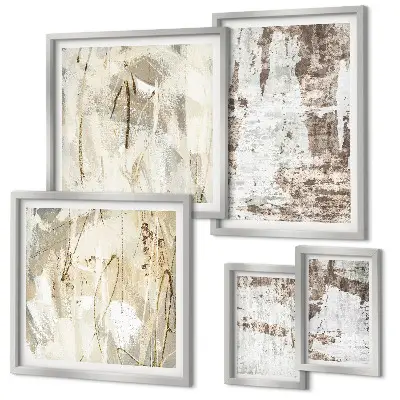 Conjunto de 5 quadros com moldura com composições abstratas neutras