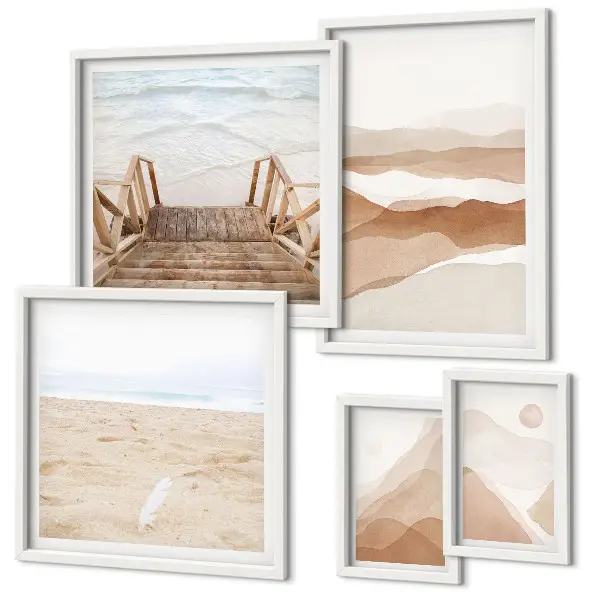 Conjunto de 5 quadros com moldura tema praias e montanhas minimalistas