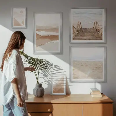 Conjunto de 5 quadros com moldura tema praias e montanhas minimalistas