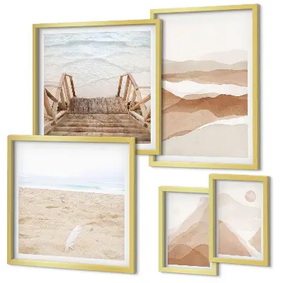 Conjunto de 5 quadros com moldura tema praias e montanhas minimalistas