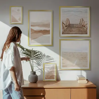 Conjunto de 5 quadros com moldura tema praias e montanhas minimalistas