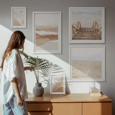 Conjunto de 5 quadros com moldura tema praias e montanhas minimalistas