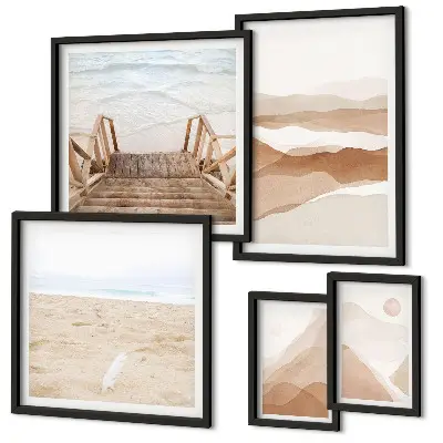 Conjunto de 5 quadros com moldura tema praias e montanhas minimalistas