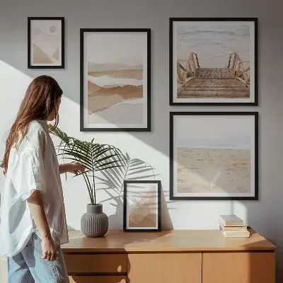 Conjunto de 5 quadros com moldura tema praias e montanhas minimalistas
