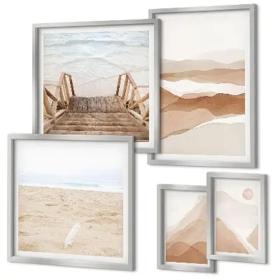 Conjunto de 5 quadros com moldura tema praias e montanhas minimalistas
