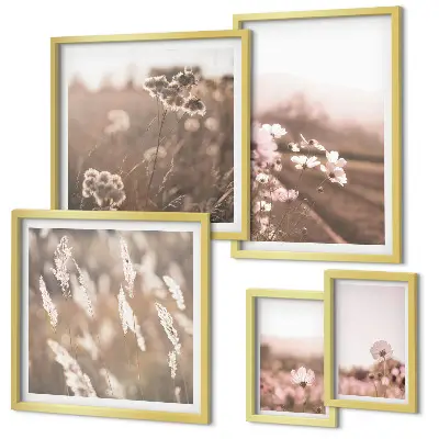 Conjunto de 5 quadros decorativos com motivos florais de natureza delicada