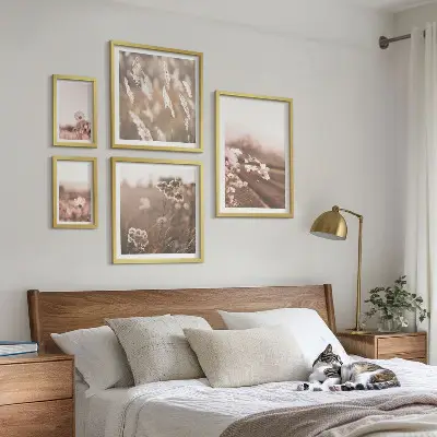 Conjunto de 5 quadros decorativos com motivos florais de natureza delicada