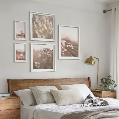 Conjunto de 5 quadros decorativos com motivos florais de natureza delicada
