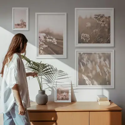 Conjunto de 5 quadros decorativos com motivos florais de natureza delicada