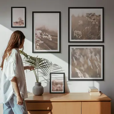 Conjunto de 5 quadros decorativos com motivos florais de natureza delicada