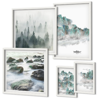 Conjunto de 5 quadros com moldura Paisagens tranquilas com água