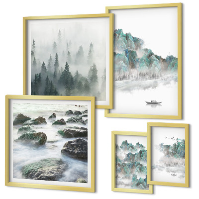 Conjunto de 5 quadros com moldura Paisagens tranquilas com água